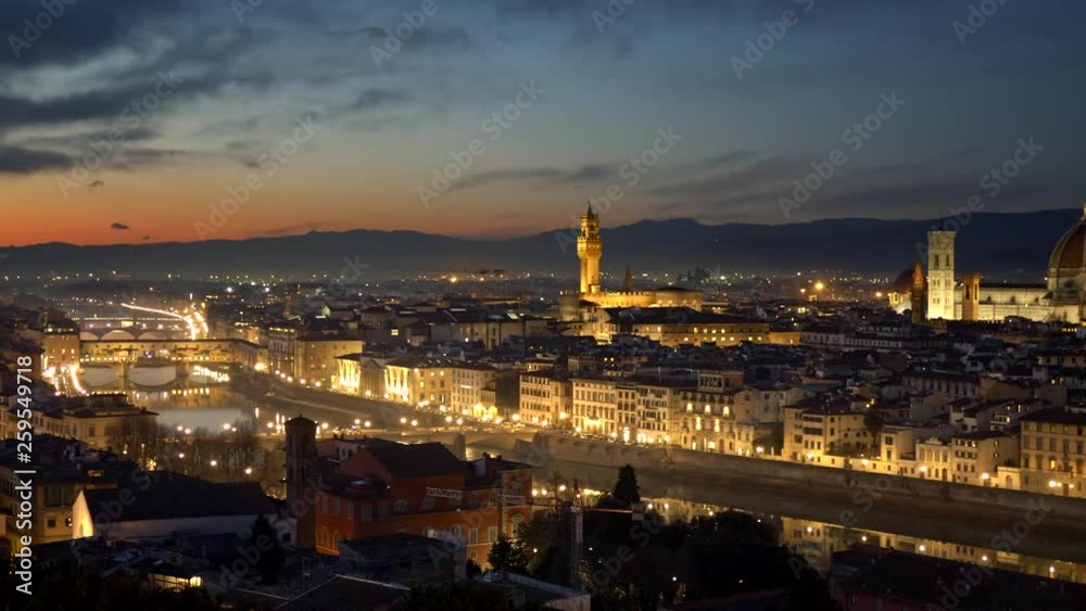 Florence, Italy. Panorama of the evening city after sunset. The Florence Cathedral, the Torre di Arnolfo tower, the Ponte Vecchio bridge across Arno is seen in this panorama. 4K Florence, Italy. Panorama of the evening city after sunset. The Florence Cathedral, the Torre di Arnolfo tower, the Ponte Vecchio bridge across Arno is seen in this panorama. 4K