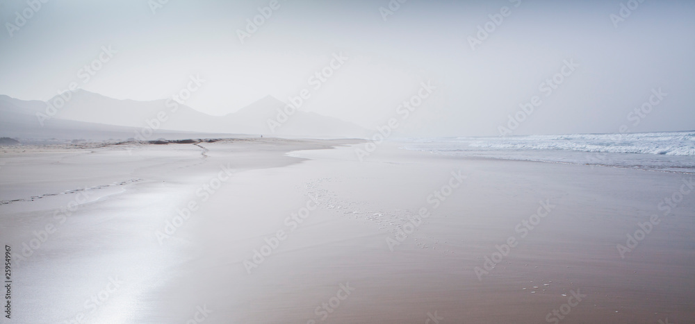 Fototapeta premium Beach landscape - Cofete, Fuerteventura, Canary Islands. Perfect place for the coast lovers. Tourist holiday destination, background, copy space.
