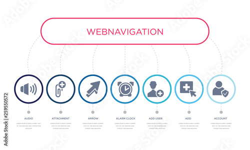 simple illustration set of 7 vector blue icons such as account, add, add user, _icon4, arrow, attachment, audio. infographic design with 7 icons pack