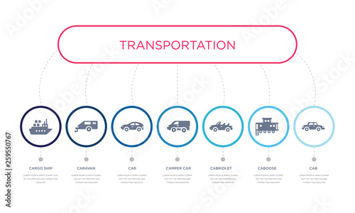 simple illustration set of 7 vector blue icons such as cab, caboose, cabriolet, _icon4, car, caravan, cargo ship. infographic design with 7 icons pack