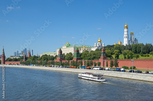 Summer view of the Moscow Kremlin and the Kremlin embankment on a Sunny day. Moscow, Russia