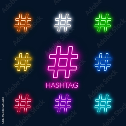 Neon colorful symbols hashtag on a black background.