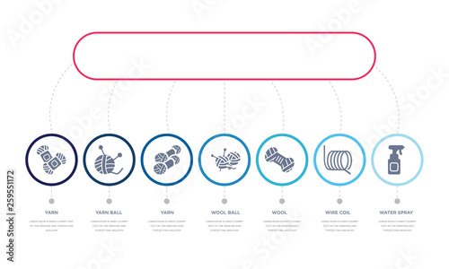 simple illustration set of 7 vector blue icons such as water spray, wire coil, wool, _icon4, yarn, yarn ball, yarn. infographic design with 7 icons pack