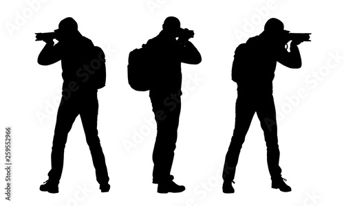 Set realistic silhouettes of tourist man with backpack and camera. Photographer isolated on white background, vector