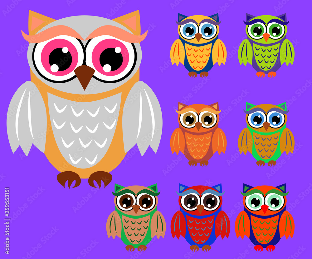 Cute cartoon owls set for baby showers, birthdays and invitation designs Cute cartoon owls set for baby showers, birthdays and invitation designs