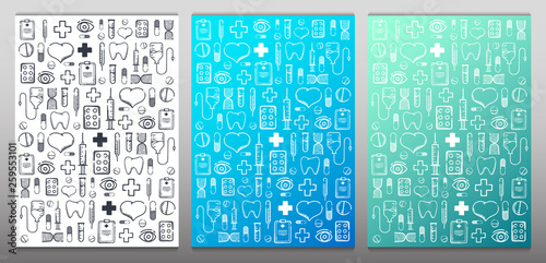 Set of Medical hand-draw doodle backgrounds. Pills, Vitamin tablets, medical drug. Vector Illustration.