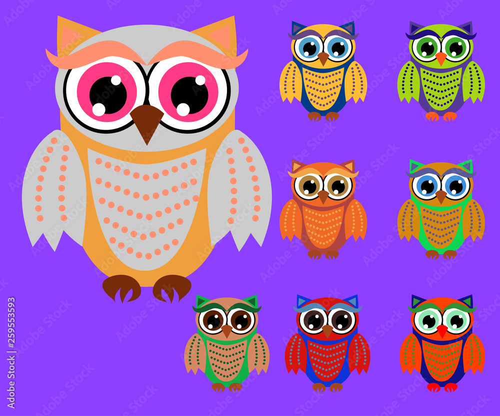 Fototapeta premium Cute cartoon owls set for baby showers, birthdays and invitation designs