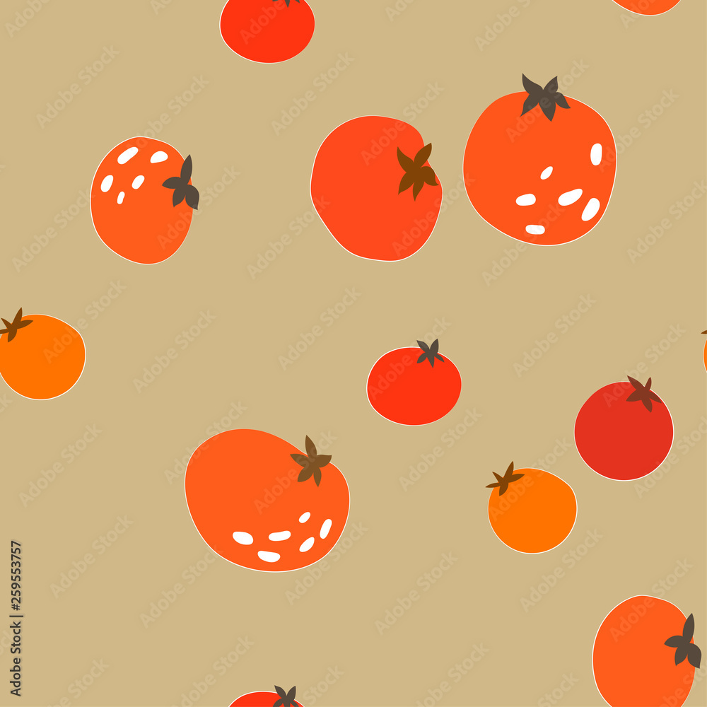 Seamless pattern with hand drawn colorful doodle vegetables-tomato. Vector texture. Vegetarian healthy food. Vegan, farm, organic, natural background