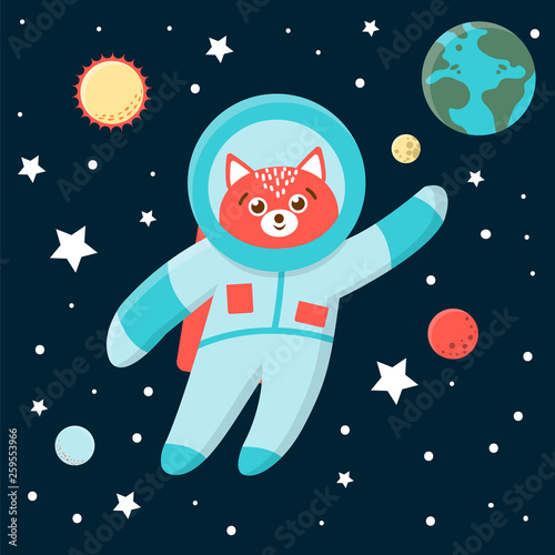 Vector funny astronaut fox in space with planets and stars. Cute cosmic illustration for children on blue background..