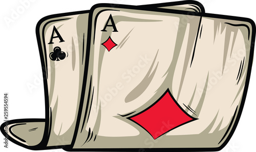 Two old folded poker cards vector with shadows and lights. Diamond and spades aces.