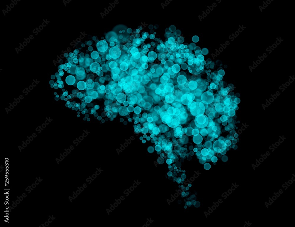 Brain shape by bokeh blue green light isolated on black background. In concept of A.I. artificial intelligence technology.