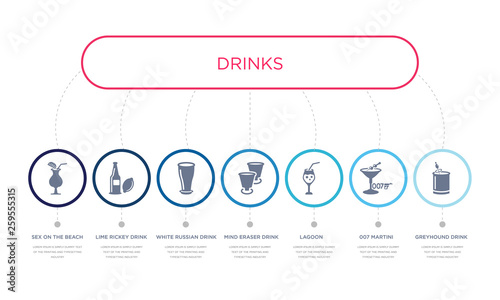 simple illustration set of 7 vector blue icons such as greyhound drink, 007 martini, lagoon, _icon4, white russian drink, lime rickey drink, sex on the beach. infographic design with 7 icons pack