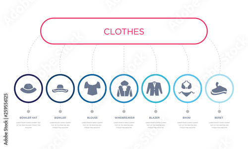 simple illustration set of 7 vector blue icons such as beret, bikini, blazer, _icon4, blouse, bowler, bowler hat. infographic design with 7 icons pack