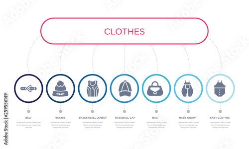 simple illustration set of 7 vector blue icons such as baby clothes, baby grow, bag, _icon4, basketball jersey, beanie, belt. infographic design with 7 icons pack