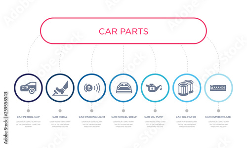 simple illustration set of 7 vector blue icons such as car numberplate, car oil filter, car oil pump, _icon4, parking light, pedal, petrol cap. infographic design with 7 icons pack