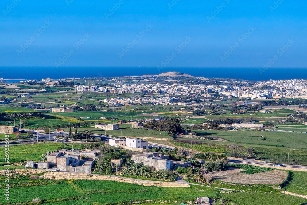 View from Mdina mediaval city. Maltese landscape. Malta