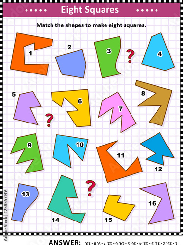 IQ and spatial reasoning skills training math visual puzzle: Match the shapes to make eight squares. Answer included.