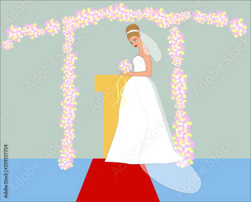 Sad bride in white wedding dress and pink flowers. Illustration of difficult wedding situation.