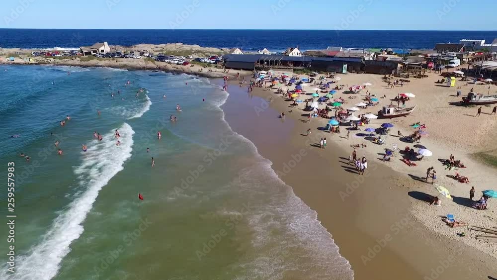 Aerial view of a beach in Uruguay with people in the summer Aerial view of a beach in Uruguay with people in the summer