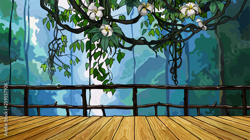cartoon wooden bridge in the jungle with creeper branches