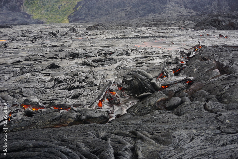 Lava field with new hot flowing lava in Big Island in Hawaii Lava field with new hot flowing lava in Big Island in Hawaii
