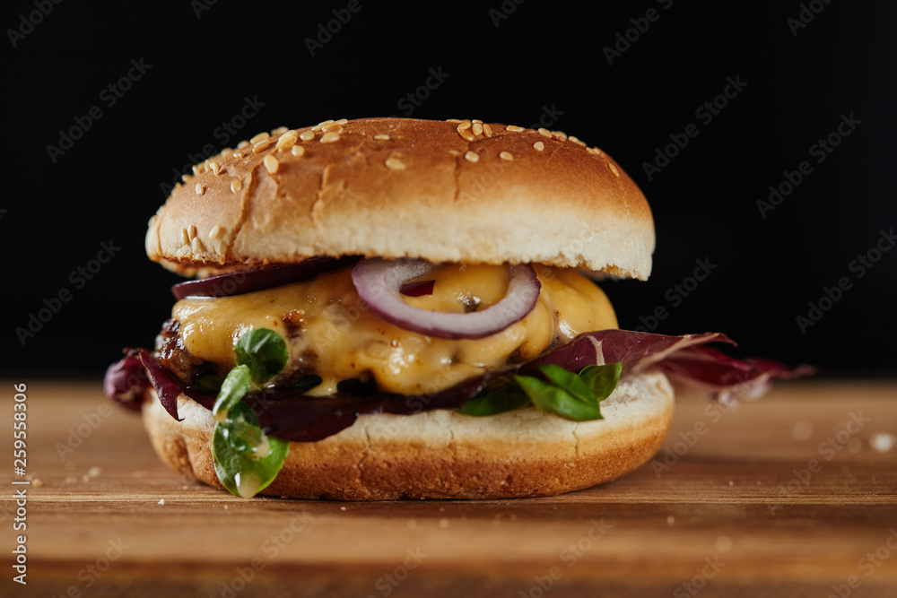delicious burger with meat, cheese and onions isolated on black delicious burger with meat, cheese and onions isolated on black