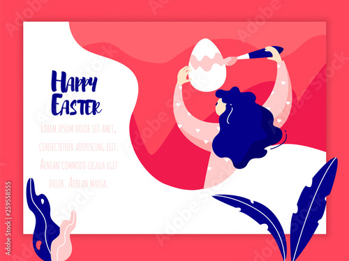 Cartoon girl with Easter egg and plants in nature. Vector web page template. Holiday banner in flat linear style.