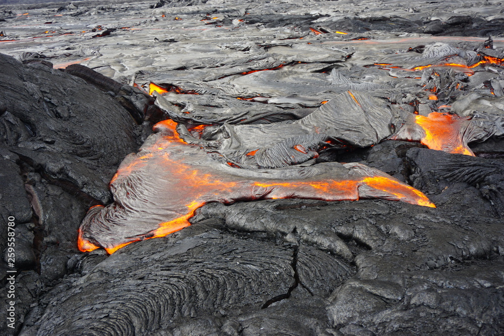 Lava field with new hot flowing lava in Big Island in Hawaii