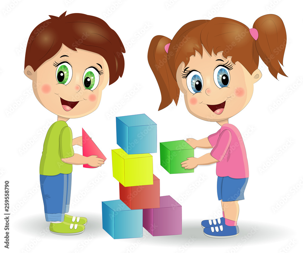Multiracial children build tower with blocks. Kids play using kit with bright colored cubes. Multiracial children build tower with blocks. Kids play using kit with bright colored cubes.
