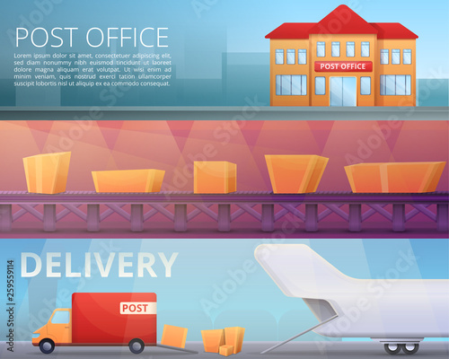 Delivery postman banner set. Cartoon illustration of delivery postman vector banner set for web design