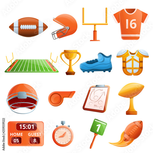 American football equipment icons set. Cartoon set of american football equipment vector icons for web design