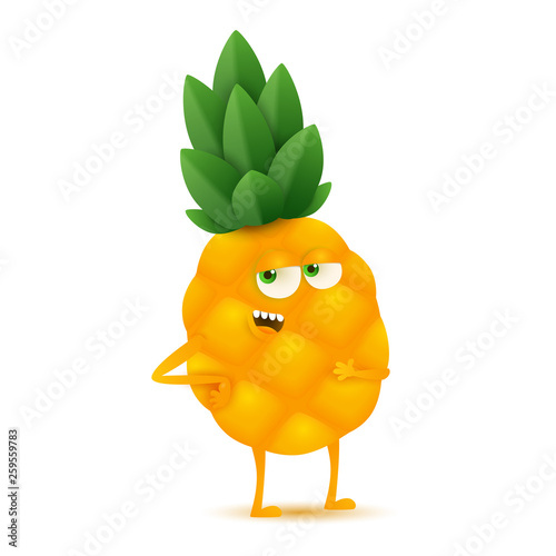 Cute and funny pineapple character, cartoon vector illustration isolated on white background.