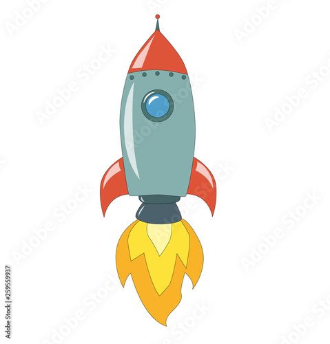illustration of starting space rocket with smoke clouds on dark night sky background.