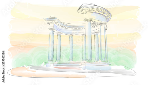 Sketch. Arbor with eight columns in the Doric style. Rotunda of Friendship of Peoples