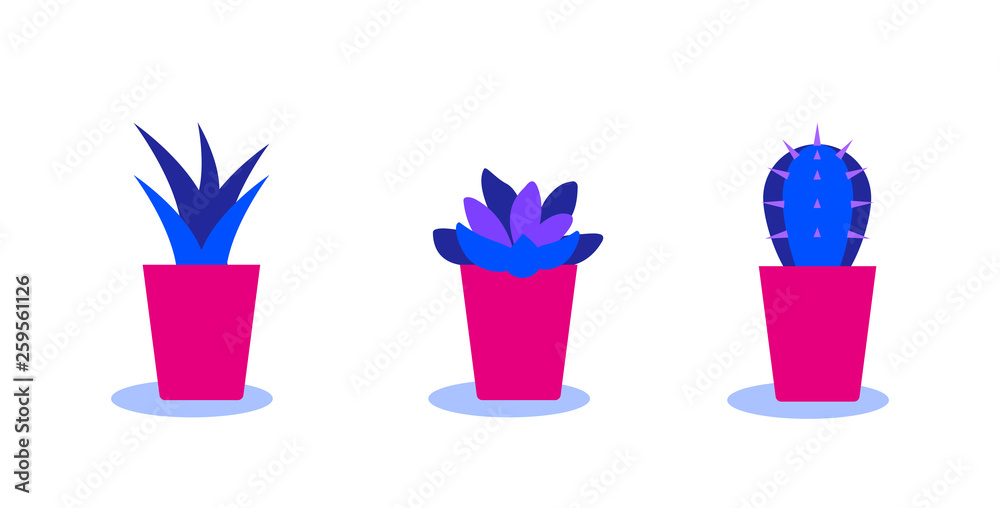 Set of cacti in pots. Bright color combinations Set of cacti in pots. Bright color combinations