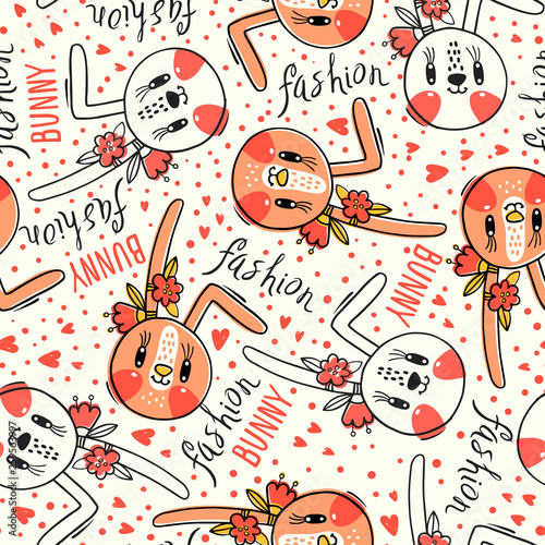 Seamless pattern with cute rabbit face with a barrettes flowers. Fashion kawaii bunny. Vector illustration