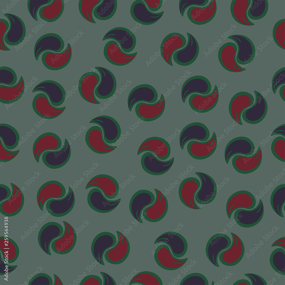 Yin yang symbol in the form of leaves on a pink background.Paisley elements.Seamless pattern.