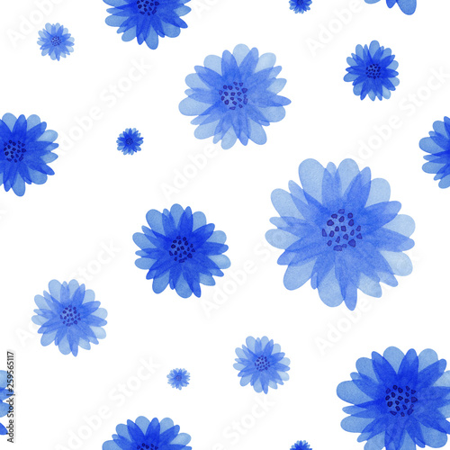 Seamless floral pattern in blue colors on white background. Watercolor hand drawn small blue flowers. Texture for invitations, cards, web sites, design.