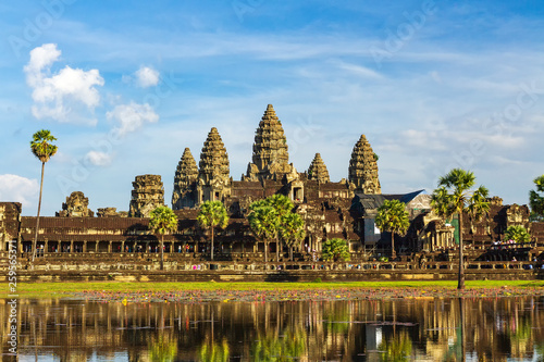 Angkor wat temple reflect on water.
