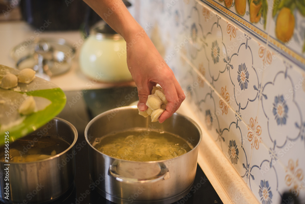 the preparation of dumplings with the help of pelmennitsa.