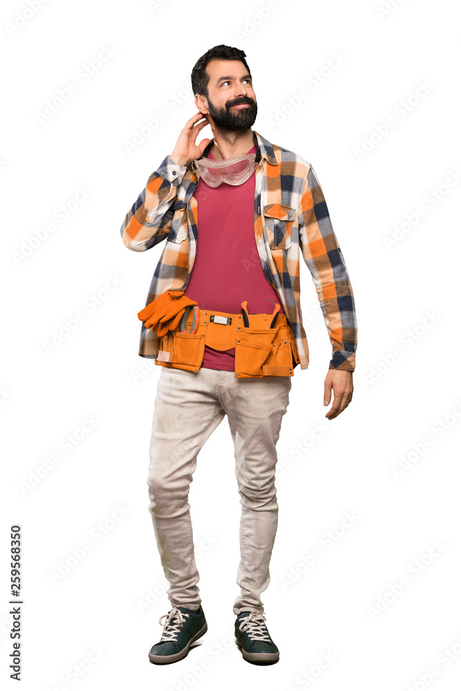 Craftsmen man thinking an idea over isolated white background Craftsmen man thinking an idea over isolated white background