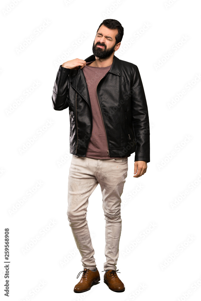 Handsome man with beard with tired and sick expression over isolated white background Handsome man with beard with tired and sick expression over isolated white background