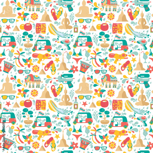 Songkran festival in Thailand. Colorful seamless Pattern with gun,elephant, water, and tuk-tuk.