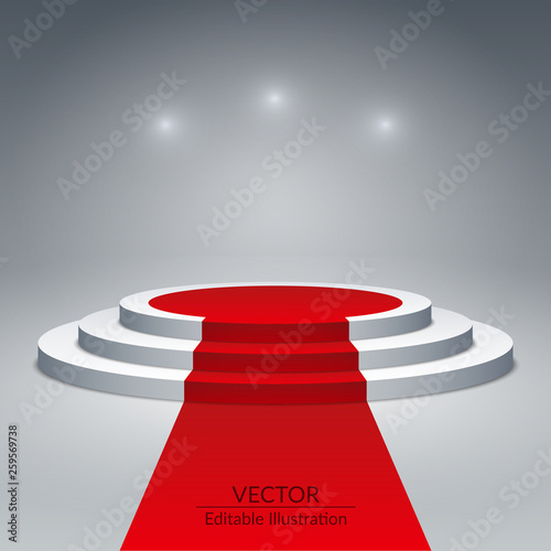 White round pedestal with red carpet and spotlights. Template on a gray background. Editable vector illustration.