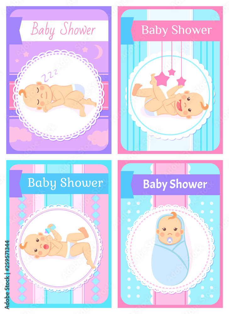 Baby shower vector, set of children newborn kids playing with stars toys flat style. Sleeping child, happy childhood of person, funny kiddo cards Baby shower vector, set of children newborn kids playing with stars toys flat style. Sleeping child, happy childhood of person, funny kiddo cards