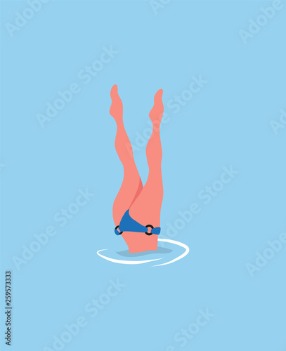 Woman diving legs up, diver in bikini suit isolated in blue sea waters. Vector girl snorkeling, beautiful feets above head, person relaxing at resort