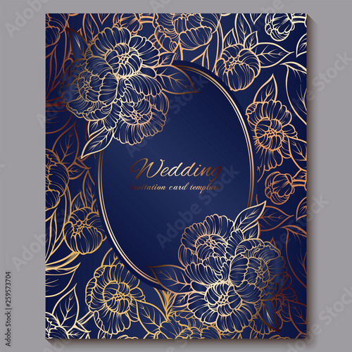 Exquisite royal luxury wedding invitation, gold on blue background with frame and place for text, lacy foliage made of roses or peonies with golden shiny gradient.