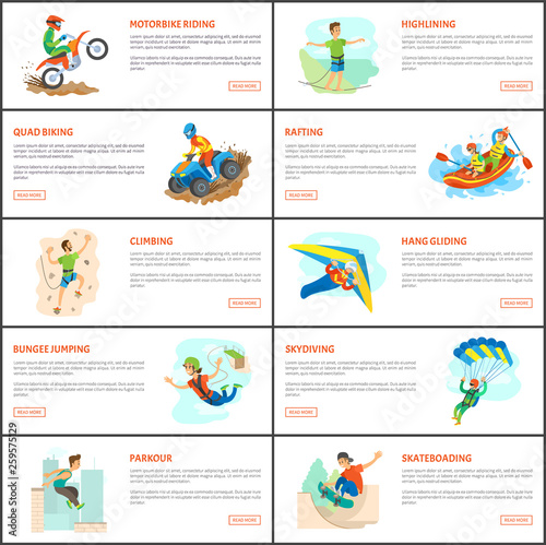 Parkour and wall climbing activity vector, extreme sports, hang gliding and highlining, rafting in boat and skateboarding of person, quad biking set