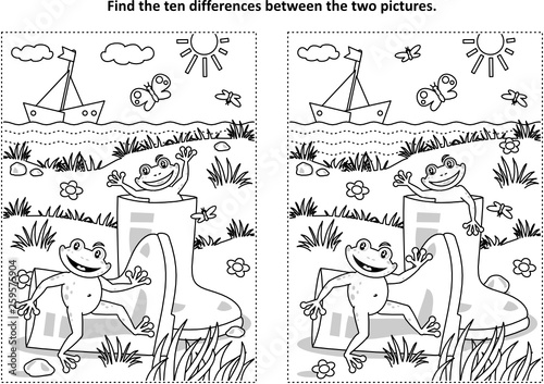 Summer joy themed find the ten differences picture puzzle and coloring page with gumboots and happy playful frogs.