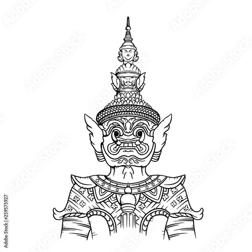 Giant guardian statue Thailand illustration. Giant statue line drawing